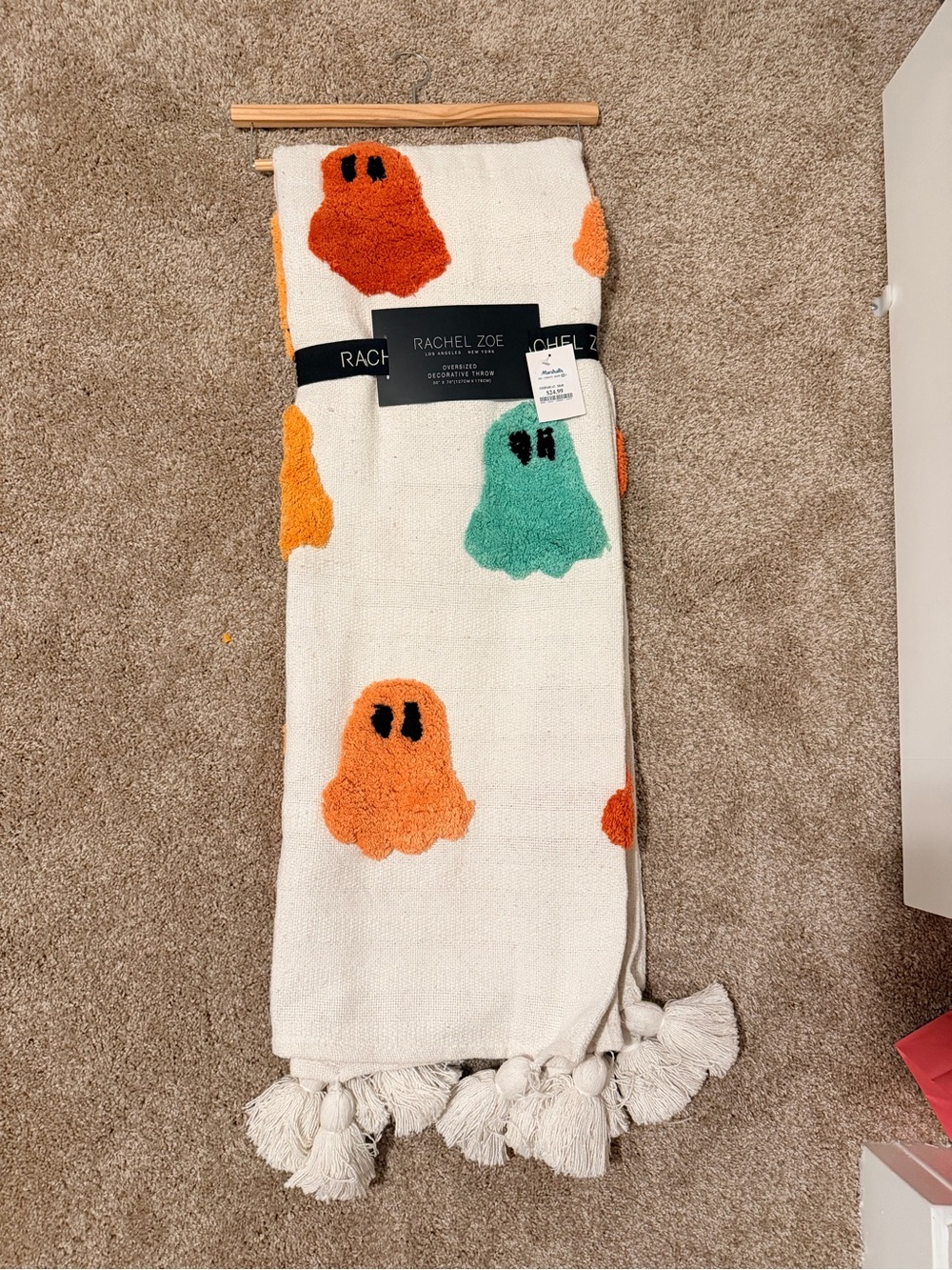 Rachel Zoe White Cotton Throw with Orange and Teal Ghost Motifs